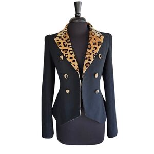 Valentina Shah Luxury Black Blazer Leopard Collar Chic Fashionista Bombshell